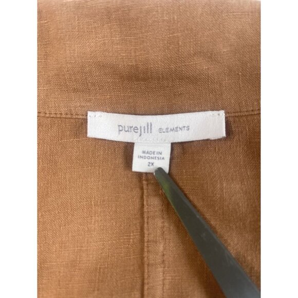 Pure jill Elements Brown Button-Up Linen Jacket Pockets 2X High Collar 3/4 Sleev - Picture 7 of 10